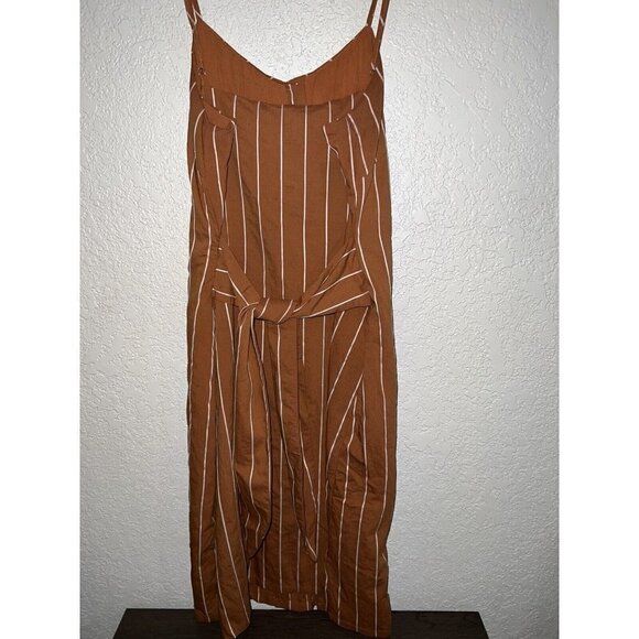 All:row Rust Orange Brown Spaghetti Strap Dress midi sz Large  White Striped 1B - Picture 4 of 11